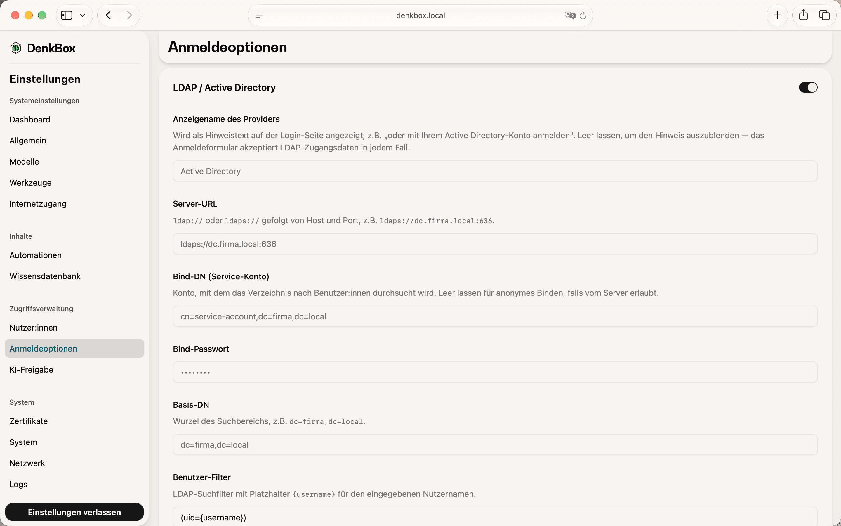 LDAP / Active Directory Einstellungen