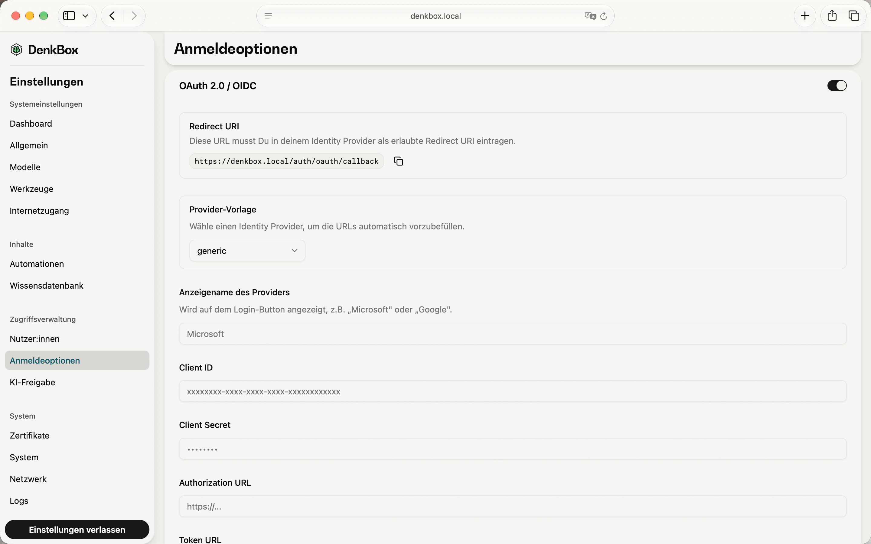 OAuth 2.0 / OIDC Einstellungen